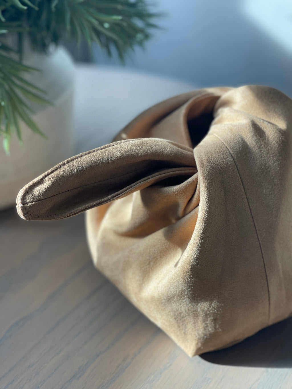 The Camel Suede Kiss Clutch Bag