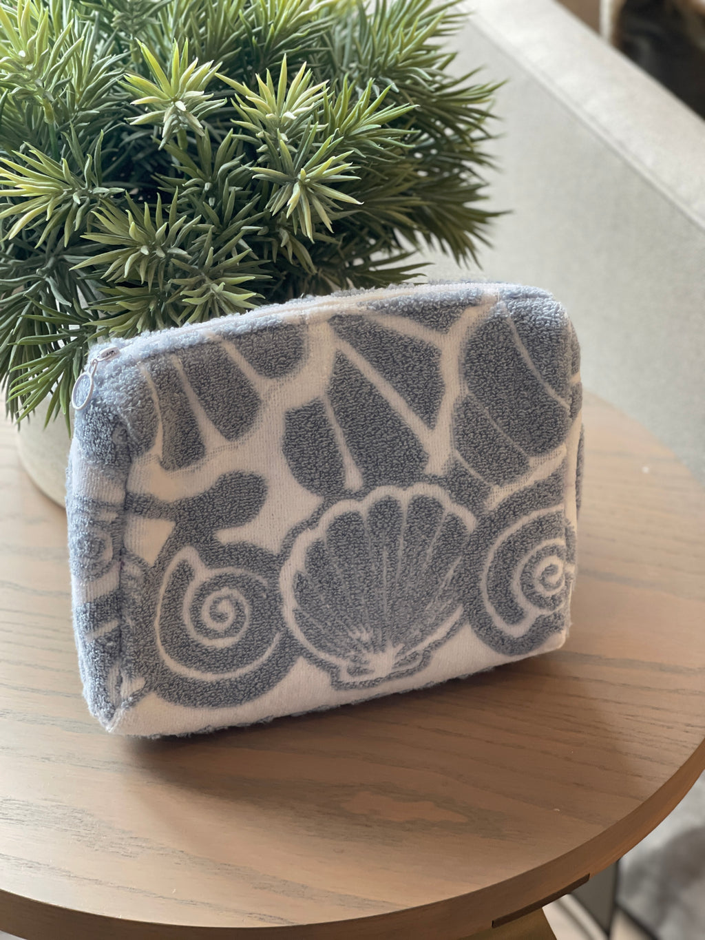 Blue and white towelling beach pouch bag