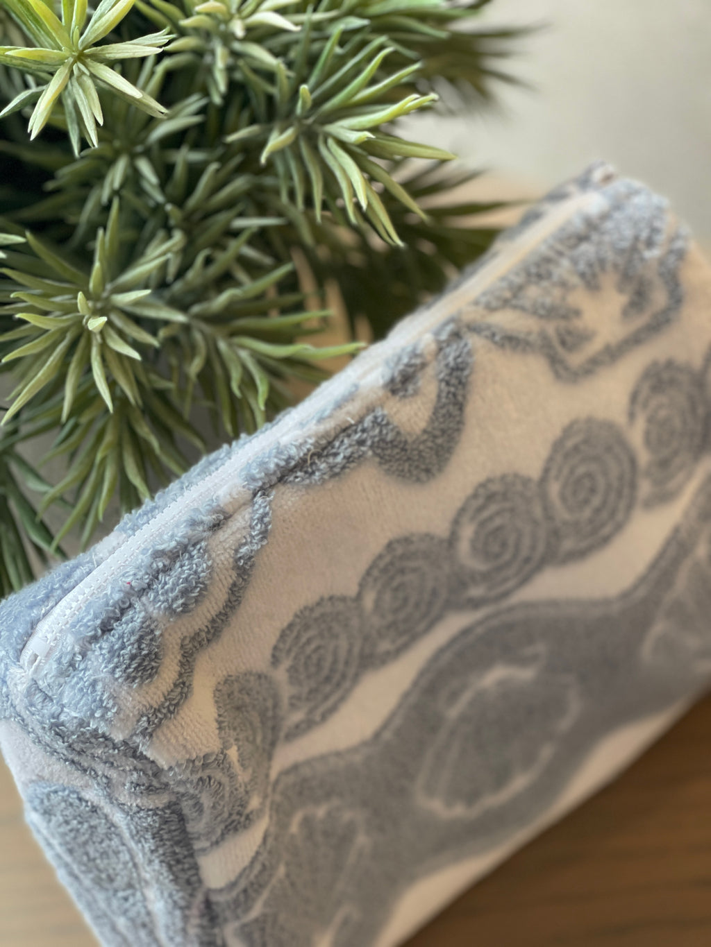 Luxury shell print towelling pouch blue and white 